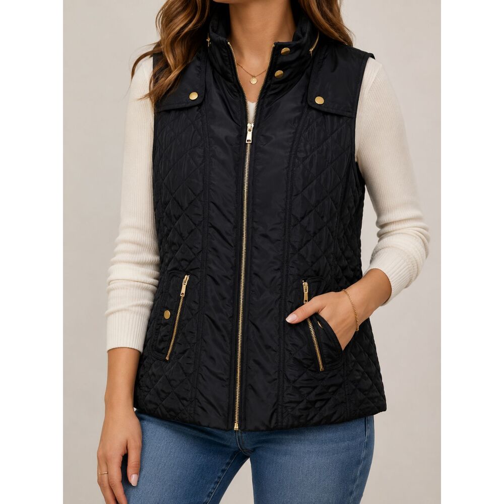 Tart Collections Black Quilted Puffer Vest Gold Zip Snap Hooded Women’s L